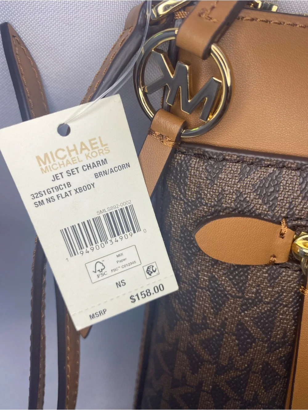 Michael Kors Brown Monogram Crossbody with Tan Trim and Gold Hardware